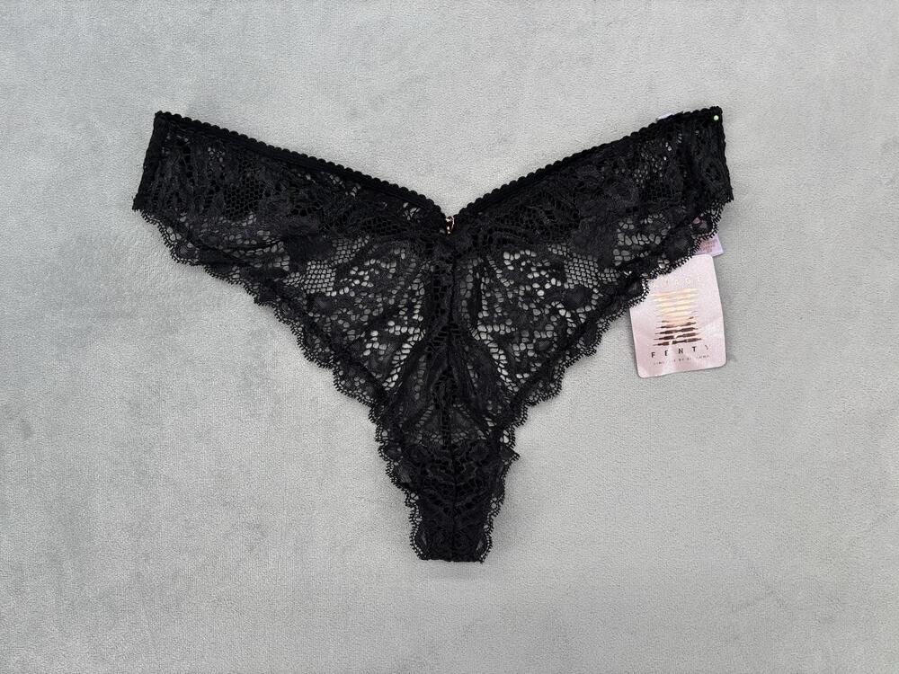 Savage X Fenty Thong Womens XL Black Lace Sheer Floral High Leg Tassel Lingerie